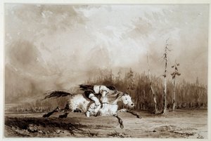 Amerikan intiaani: "" Hevonen laukkaa kantaen miestä sidottuina"" Nimetön piirros. 1800-luvun La Rochelle, Musee du Nouveau Monde tekijältä Unknown artist