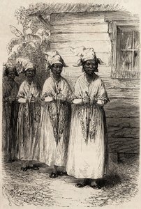 Guyanan alkuperäiskansan naiset Fete Dieun katolisessa kulkueessa. Fregaten kapteenin Frederic Bouyerin kaiverrus havainnollistamaan matkaa Ranskan Guayanassa vuosina 1862-1863 julkaisussa "" Le tour du monde, nouveau journal des voyages", julkaistu ohj. tekijältä Unknown artist