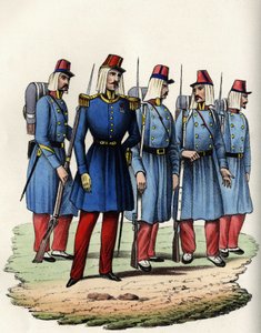 Ranskan Afrikan armeijan jalkaväki; upseeri, aliupseeri ja sotilaat Algeriassa vuonna 1830. Teoksessa ”” Storia d