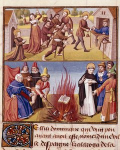 Inkvisitio "" Autodafea johtaa Dominikaanisen ritarikunnan perustaja Saint Dominique de Guzman (1170-1221), todiste harhaoppisen kirjan ja ortodoksisen kirjan tulipalosta"" Miniatyyri teoksessa "" Le miroir historial"" (Speculum Historiale) ( ms. 1196, fol tekijältä Unknown artist