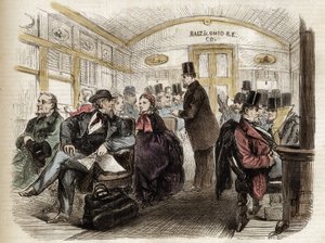 Vaunun sisäpuoli Baltimore & Ohio Railroadilla, USA - 1861 - amerikkalaisen vaunun sisäpuoli vuonna 1860 tekijältä Unknown artist