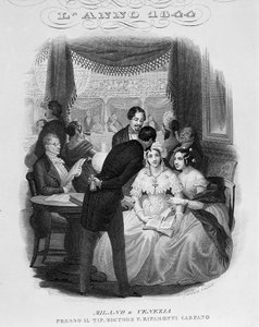 Teatro alla Scalan majatalon sisustus. 1844. tekijältä Unknown artist