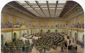 Sisäkuva US Capitol -huoneiston edustajainhuoneesta, jossa näkyy kongressi istunnossa ja katsojat galleriassa - Kaiverrus 1866. tekijältä Unknown artist