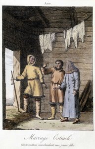 Välittäjä tinkimässä nuorta tyttöä häihin Ostiak (hanti tai khante) (Obin laakson keskialueen metsäalueelle perustettu paleosiberialainen metsästäjäheimo). tekijältä Unknown artist