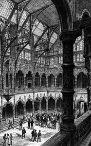 Antwerpenin pörssin sisäkuva 1800-luvulla. Kaiverrus "Le Journal de la jeunesse" tekijältä Unknown artist
