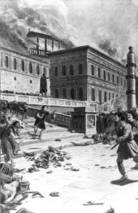 Visigoottien kuninkaan Alarik I:n hyökkäys ja ryöstely Roomaan vuonna 410 (Rooman pyhä). Kaiverrus 1800-luvulta. tekijältä Unknown artist