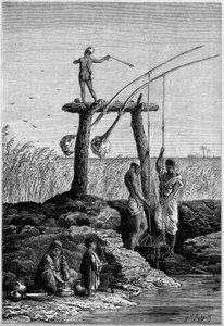 Kastelu Egyptissä: chadoufit (tai shadoufit) Niilin rannoilla. Kaiverrus "" Le Monde Illustré" -julkaisussa nro 1313, 27. toukokuuta 1882. tekijältä Unknown artist