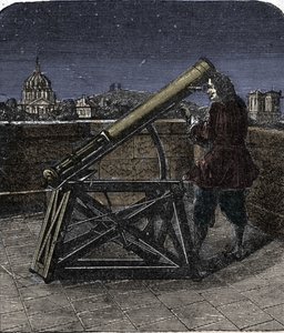 Isaac Newton (1642-1727) englantilainen fyysikko, joka käyttää kaukoputkeaan. tekijältä Unknown artist