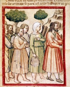 Iisak ja hänen nälänhädästä kärsivä perhe muuttivat kuningas Abimelekin maihin Miniatyyri koodista 212 (tai padovano-koodista tai Padovan Raamatusta) 1390-1400 Rovigo, Accademia dei Concordi tekijältä Unknown artist