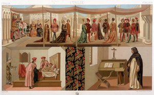 Italialaiset puvut 1400-luvulta. A. Racinetin teoksessa "" Historiallinen puku". tekijältä Unknown artist