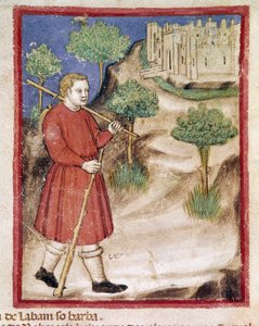 Jaakob menee Labanille Mesopotamiassa Miniatyyri Codex 212:sta (tai Padovano tai Padovan Raamattu) 1390-1400 Rovigo, Accademia dei Concordi tekijältä Unknown artist