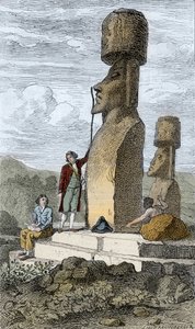 Jean-Francois Galaup, Comte de La Perousen englantilainen navigaattori ja tutkimusmatkailija pääsiäissaarella Aasian-matkansa aikana tekijältä Unknown artist