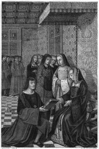 Jean Marot, runoilija (1463-1526), joka tarjoaa runokokoelman Ranskan kuningatar Annelle. Kaiverrus 1800-luvulta. tekijältä Unknown artist