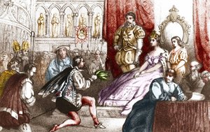 Jean Nicot esittelee tupakkakasvin Catherine de Medicisille (Caterina de medici) ja Lorraine-huoneen suurpriorille. 16. vuosisata. Kaiverrus 1800-luvulta tekijältä Unknown artist
