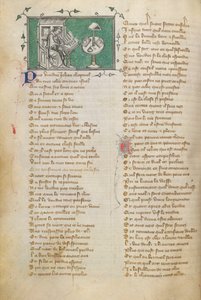 Jean de Meun kirjoittaa runonsa avaussanat (joka alkaa f. 28) Roman de la Rose tekijältä Unknown artist