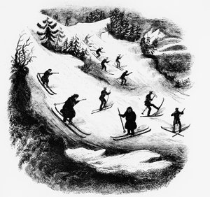 Jeux du Nord: hiihtäjät alas radalla - kaiverrus, 1800-luvun loppu. tekijältä Unknown artist
