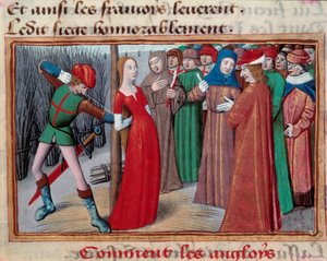 Joan of Bow (1412 -1431), asennettu teurastajaan. Miniatyyri Martial d