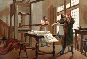 Johannes Gutenberg (1400-1468), saksalainen kirjapaino, joka painaa Raamatun ensimmäisen arkin. kuuluisien miesten ja naisten jälkeen. Barcelona 1877. tekijältä Unknown artist