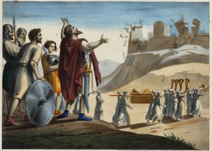 Joosua ennen Jerikon kaupunkia (ensimmäinen kaupunki, jonka Joosua ja juutalaiset valtasivat Luvatun maan valloituksen aikana). Seinät murenevat trumpettien soidessa. Anonyymi kaiverrus 1800-luvulta. tekijältä Unknown artist