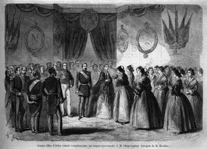 Keisari Napoleon III:n (1808-1873) ja hänen vaimonsa Eugenie de Montijon (1826-1920) matka Savoian herttuakuntaan Savoyn kreivin liittämisen (maaliskuun Torinon sopimuksen) jälkeen: täällä Arlesissa vieraileva keisarillinen pariskunta tapaa nuoria tyttöjä  tekijältä Unknown artist