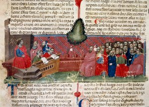 Jules Cesar (101-44 eKr.) valtaistuimella Yksityiskohta käsikirjoitussivusta "" Roomalaisten tosiasiat"" (Ms 1538) noin 1340 Firenze, Biblioteca Riccardiana tekijältä Unknown artist
