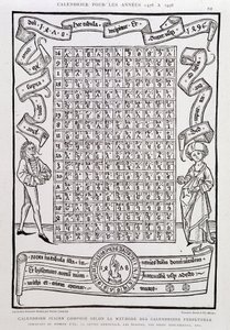 Julianuskalenteri laatii ikuisten kalenterien menetelmän mukaan vuosille 1478-1496, ilmoittaen kullan määrän, sunnuntaikirjeen, epact, kilpailupäivät jne. tekijältä Unknown artist