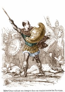 Julius Caesar kokoamassa joukkojaan taisteluun Nervieniä vastaan - kaiverrus tekijältä Unknown artist