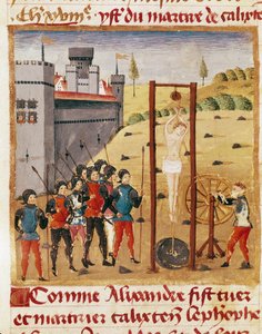 Kuningas Aleksanteri Suuri (356-323 eKr.) osallistuu jalon Calixten Cefoben teloitukseen hirttämällä""" Miniatyyri otettu Quintus Curtius Rufusin (1. vuosisadan) "" Aleksanteri Suuren tosiasioiden kirjasta"" (ms 1335, fol. 167 v tekijältä Unknown artist