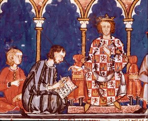 Kuningas Alfonso X Viisas mies avustaa kirjoittamisessa. Yksityiskohta pienoiskuvasta Alfonso X Viisaan (1221-1284) Shakin, nopat ja taulukot -kirjasta. 1282. St. Lawrence of the Scorial. Kuninkaallinen kirjasto tekijältä Unknown artist