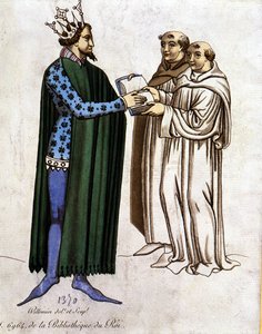 Kuningas Arthur ja kaksi munkkia - ote "Lancelot du lacista", vuodelta 1370 jKr. tekijältä Unknown artist