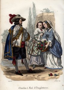 Englannin kuningas Kaarle I (Charles I Stuart) (1600-1649) vietteli nuoria naisia. Kaiverrus vuodelta 1842 Maurice Lachatren teokseen "Histoire des Popes". Yksityinen kokoelma. tekijältä Unknown artist