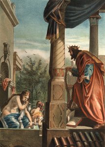 Kuningas David ja Betsabee, hänen tuleva vaimonsa kylvyssä, Juan Justo Huguetin "El Culto de la Hermosura", Molinas Hermanosin toimittajat tekijältä Unknown artist
