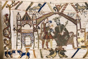 Kuningas Edward Tunnustaja lähettää Haroldin Normandiaan, Bayeux Tapestry (villakirjonta pellavalle) tekijältä Unknown artist