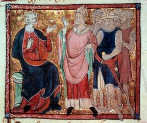 Englannin kuningas Henrik II (1133-1189) vastaanottaa evequen ja sotilaat Miniatyyri 1400-luvun käsikirjoituksesta. Paris, B.N. tekijältä Unknown artist