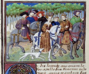 Kuningas ja kuningatar metsästämässä (Philip VI Valois ja Blanche Navarralainen (?)) Miniatyyri Le livre de la chassesta" Gaston III Phoebus, Foixin kreivi, Bearnin herra (1331-1391) tekijältä Unknown artist