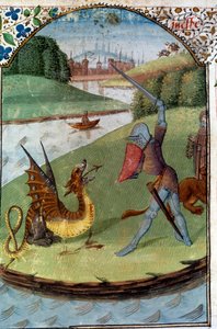 Pyöreän pöydän ritarit: "Lancelot taistelee lohikäärmettä vastaan"" Käsikirjoitus miniatyyri "" Lancelot du Lacin romaani"" tekijältä Unknown artist