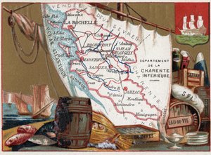 La Charente Inferieure, Poitou Charentes, Ranska. Viiniä, konjakkia, sardiineja, suolaa, sahramia, kuivaa kalaa, noin 1920. tekijältä Unknown Artist