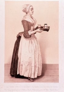 La Chocolatiere de Vienne: nuori piika, jolla on tarjotin, jossa on kuppi kuumaa kaakaota. 1800-luvun yksityiskokoelman litografia tekijältä Unknown artist