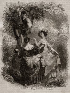 Kirsikoiden poiminta - Kuvitus tunnustuksille, Jean-Jacques (Jean Jacques) Rousseau (1712-1778) - kaiverrus vuodelta 1849 tekijältä Unknown artist