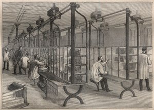 Kirjeposti: kirjekuorien lajittelu Pariisin Hotel des Postsissa - Kaiverrus "La Science francaise" tekijältä Unknown artist