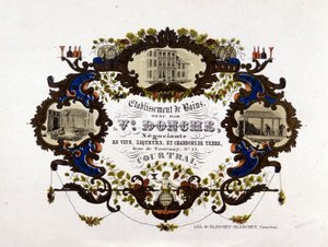 Etiketti viinitilalle, likööreille ja savihiileille. Litografia tekijältä Unknown artist