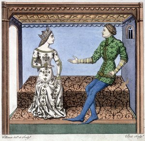 Lancelot ja Guineèvre keskustelussa - ote Lancelot du lacista, joka perustuu asiakirjaan vuodelta 1370. tekijältä Unknown artist