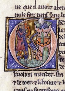 Lancelot tornin huipulla. Käsikirjoitus: Saint Gréalin valloitus, kirjoitettu 717 vuotta herramme intohimosta. Bibliotheque Municipale de Rennes, ms. 255 (Pyöreän pöydän romaanien kokoelma); Pariisi tekijältä Unknown artist