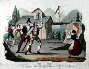 Vincenzo Bellinin elokuvan "Le somnambule (La sonnambula") II näytöksen viimeinen kohtaus. Kaiverrus vuodelta 1835. tekijältä Unknown artist