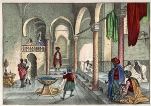 Le bain moure (julkinen kylpylä) Algerissa noin 1830. Léon Galibertin "Muinainen ja nykyaikainen Algeria" -osassa. Italialainen painos 1846 värissä. tekijältä Unknown artist
