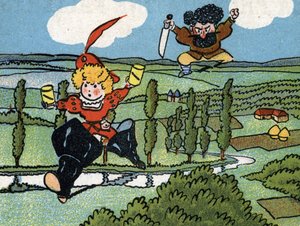 Le petit poucet, jota jättiläinen jahtaa varastettuaan hänen seitsemän liigan saappaansa (Hop-o-my-Thumbling tai ittle Thumbling, Little Thumb tai Little Pouket, Charles Perrault