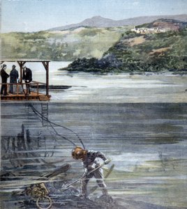 Sukeltaja Paolo Pardi työskenteli roomalaisilla veneillä Nemi-järvellä Siebe-sukeltajan kanssa vuonna 1893. tekijältä Unknown artist