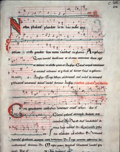 Pyhiinvaellusoppaan esite Santiago de Compostelan pyhiinvaelluksen sanoilla (Santiago de Compostella) Fol. 214 r. 1200-luvun käsikirjoituksesta. Santiago de Compostelan katedraalin arkisto (Santiago de Compostela), Espanja tekijältä Unknown artist