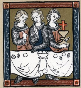 Legenda Arthurian: Galahad (Galad tai Galaad), Perceval ja Bohort (Bors tai Borrt) Pyhän Graalin kanssa. Hermann Suchierin teoksessa "Ranskan kirjallisuuden historia". tekijältä Unknown artist
