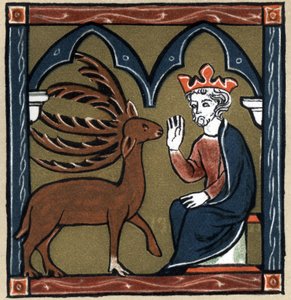 Legenda Arthurian: Merlinin metamorfoosi viisimetsässä peurassa vierailee Jules Cesarin luona. Hermann Suchierin teoksessa "Ranskan kirjallisuuden historia". tekijältä Unknown artist